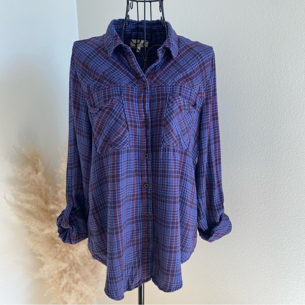 Lucky Brand Plaid Boyfriend Shirt Size Medium - Blue with purple accent stripes